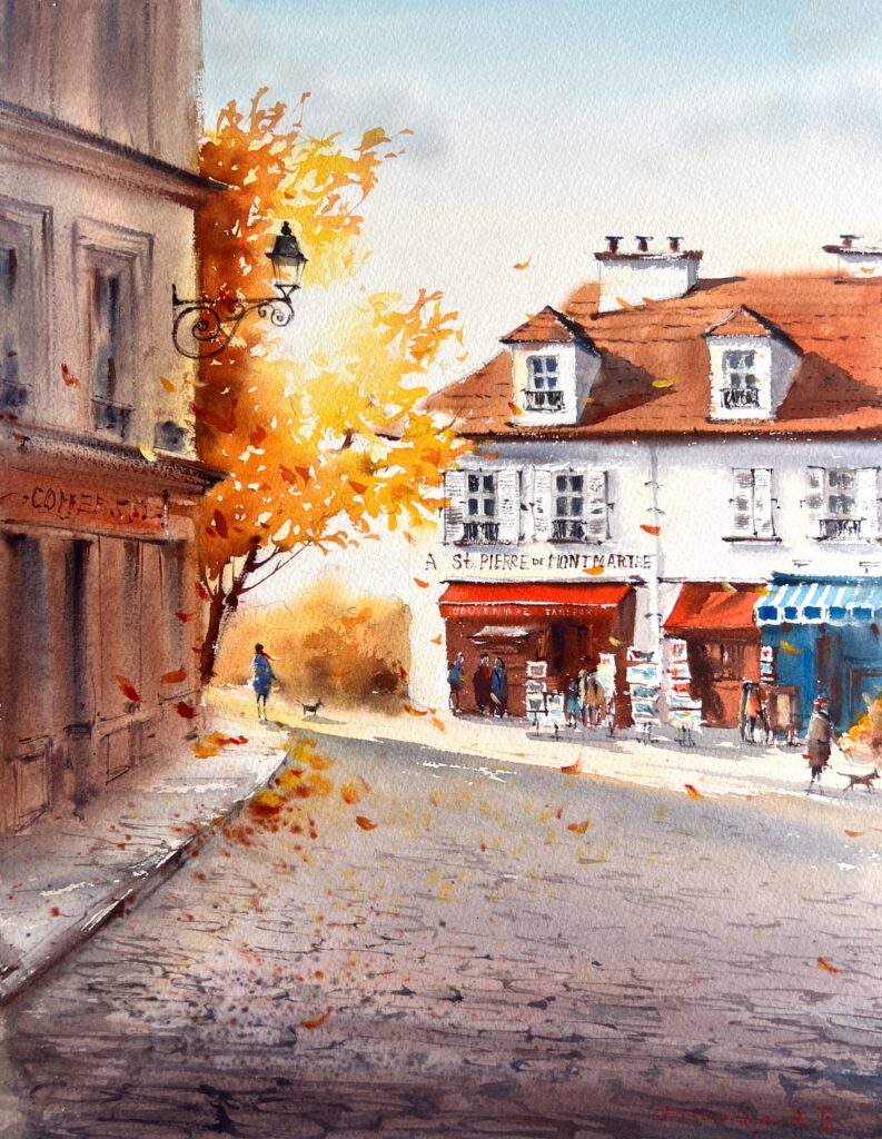 watercolor painting a small town