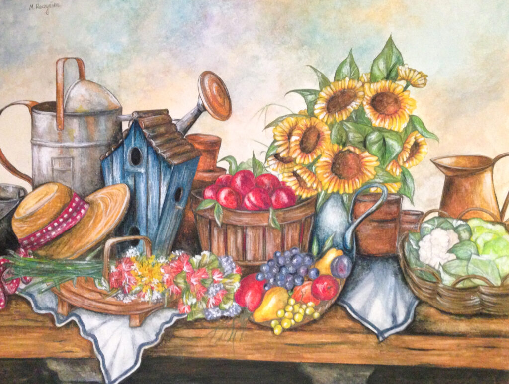 a still life painting with fruit and flowers